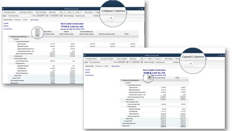 Horizontally collapse columns in job or class reports - Screenshot