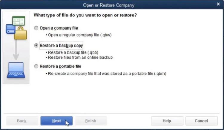 Restore a backup copy option - Screenshot