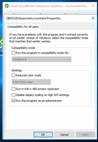 Running QuickBooks as Administrator-screenshot