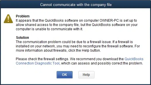 Cannot communicate with the company file due to firewall - Screenshot Image