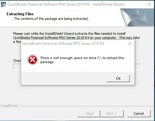 There is not enough space on drive C to extract this package - Screenshot Image